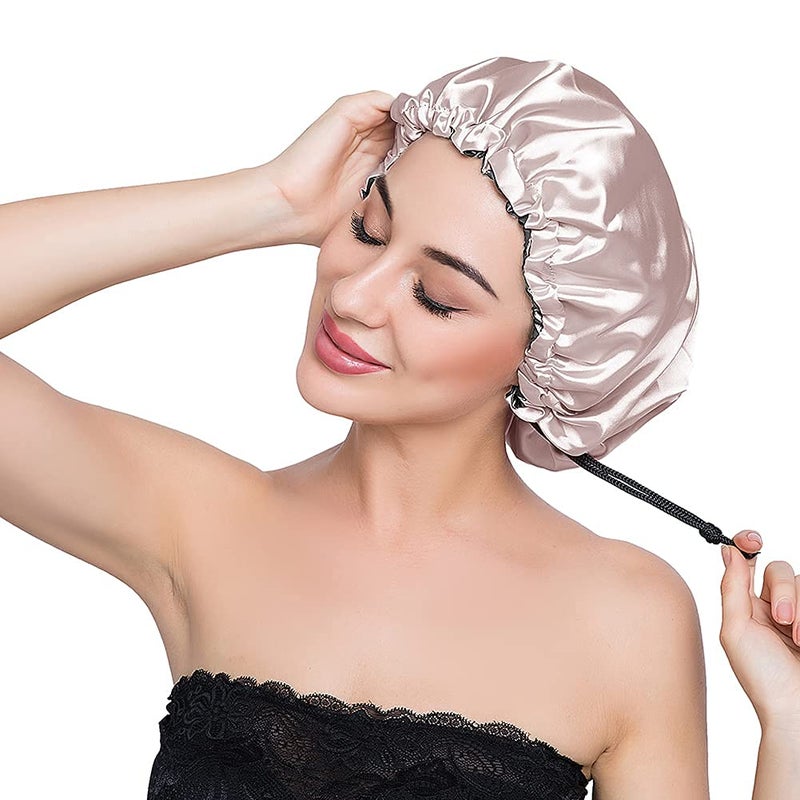 ELIHAIR قبعة النوم الساتانية القابلة للتعديل من ELIHAIR بونيت بقماش حريري مزدوج الطبقة باللون الشمبانيا/الرمادي - Image 4